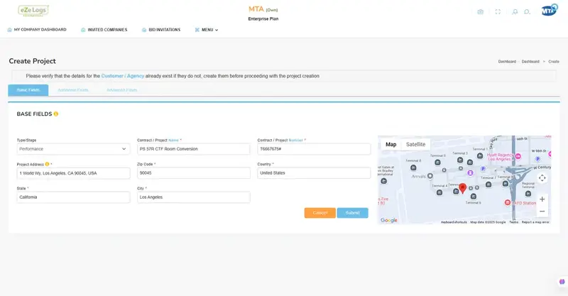 Ezelogs create project surface with contract fields and location map